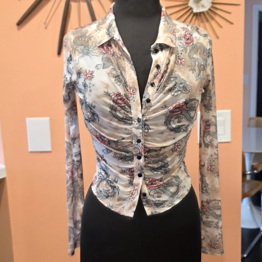 Women's Pink Floral Ruched Button-Up Shirt